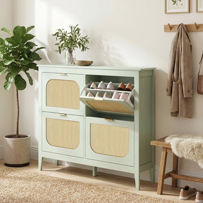 Narrow Shoe Cabinet, Boho Slim Shoe Storage Cabinet with 4 Flip Drawers, Holds 20 Pairs, Light Green