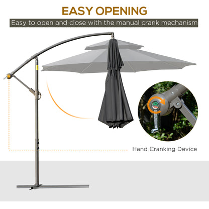 2.7m Banana Parasol Cantilever Umbrella with Crank Handle, Double Tier Canopy and Cross Base for Outdoor, Hanging Sun Shade