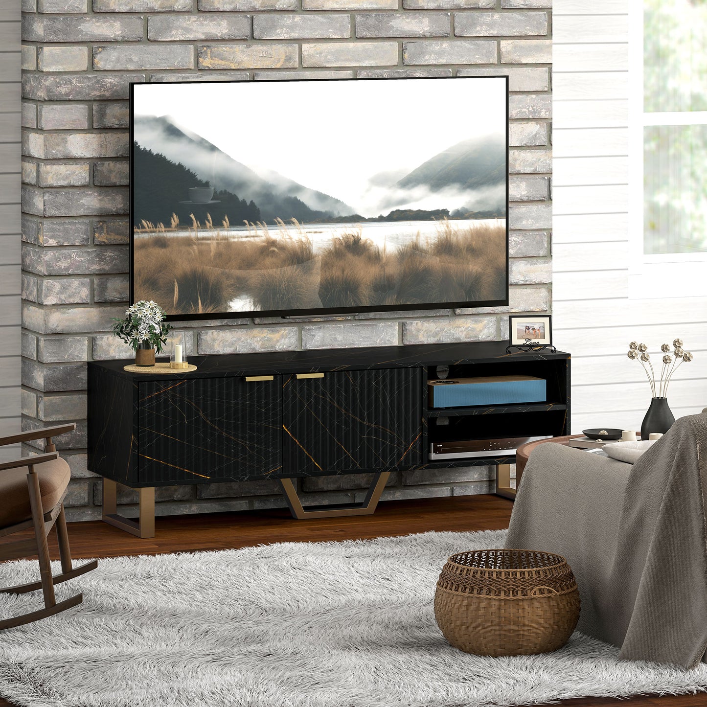 Marble Effect TV Unit, Modern TV Stand Cabinet for up to 70" TVs, with Shelves and Storage Cupboard, Fluted Door