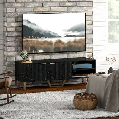 Marble Effect TV Unit, Modern TV Stand Cabinet for up to 70" TVs, with Shelves and Storage Cupboard, Fluted Door