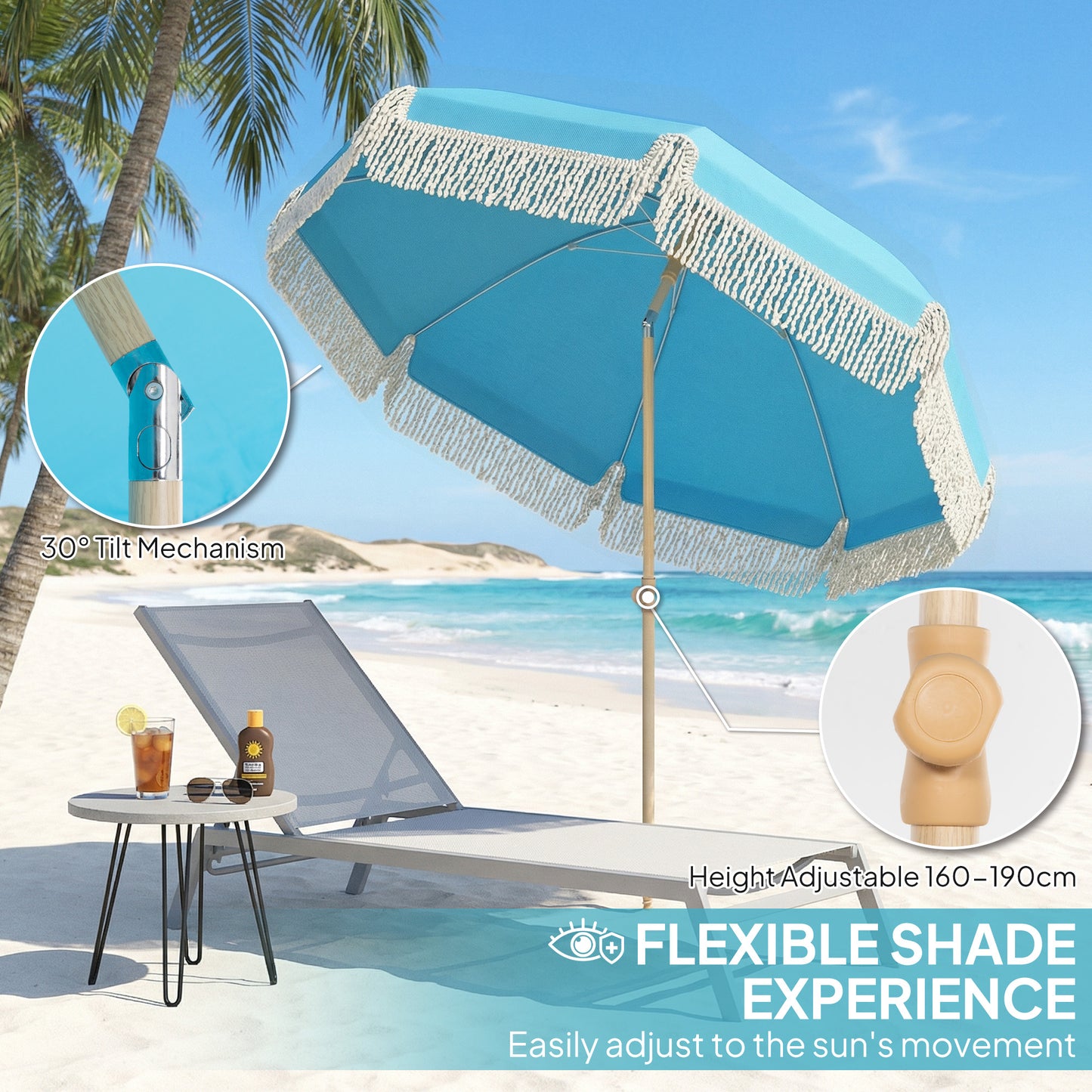1.7 m Beach Umbrella with Sand Anchor, 30° Tilting Fringed Beach Garden Parasol with Adjustable Height, Grey