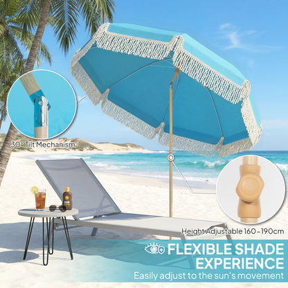 1.7 m Beach Umbrella with Sand Anchor, 30° Tilting Fringed Beach Garden Parasol with Adjustable Height, Grey