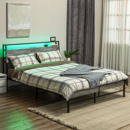 Double Steel Bed Frame, with LED Lights and Shelf - Grey