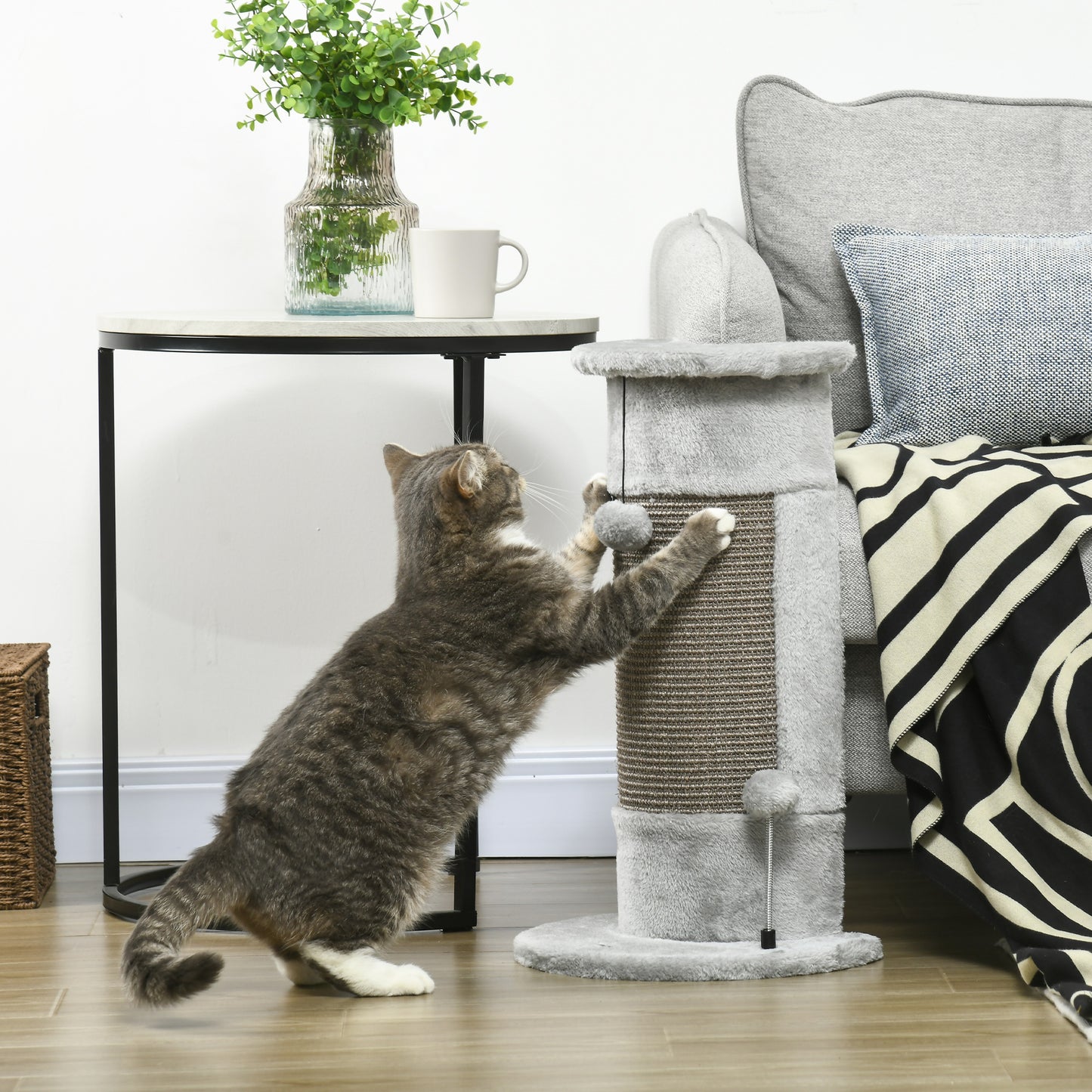 58cm Cat Scratching Post, with Covered Plush, Play Balls, for Corner Walls - Grey