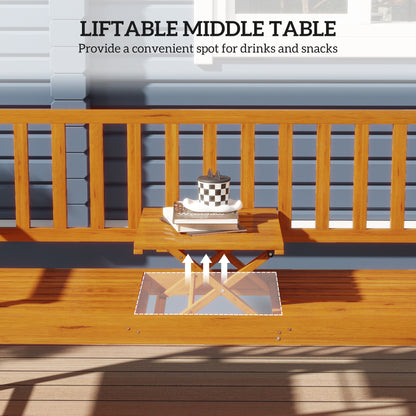 Wooden Bench with Liftable Middle Table, Outdoor Bench, Patio Loveseat for Porch, Garden, Seats 2-3 People