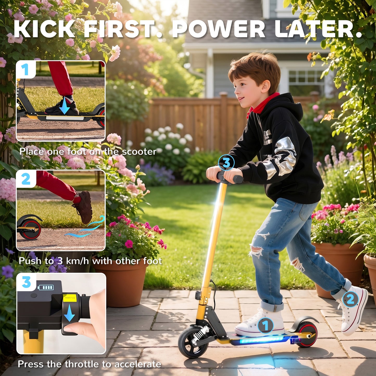 Folding Electric Scooter for Kids, with Dual Brakes, Front Suspension, LED Colourful Lights, Gold Tone