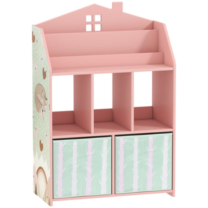 Kids Bookshelf with Storage, Toy Storage Unit with Book Display, Shelves and Fabric Drawers for Playroom Nursery, Pink