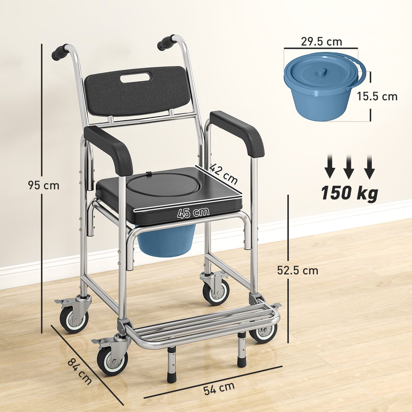 Transport Beside Shower Chair, 3-in-1 Commode Chair with Wheels and Padded Seat, Black