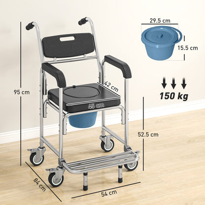 Transport Beside Shower Chair, 3-in-1 Commode Chair with Wheels and Padded Seat, Black