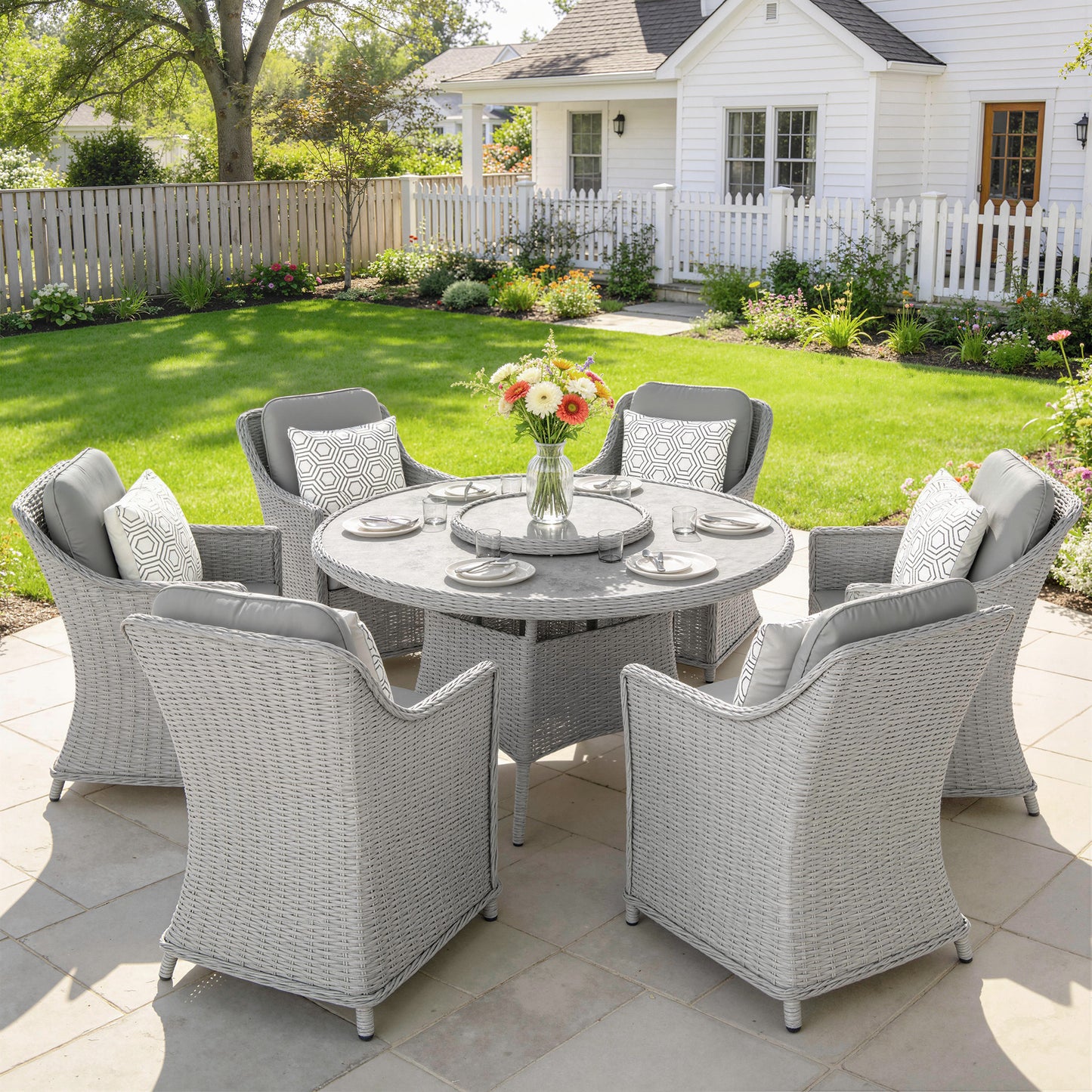Rattan Garden Dining Set with Turntable, Marble Effect Glass Round Garden Table and Chairs with Aluminium Frame, Grey