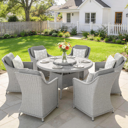 Rattan Garden Dining Set with Turntable, Marble Effect Glass Round Garden Table and Chairs with Aluminium Frame, Grey