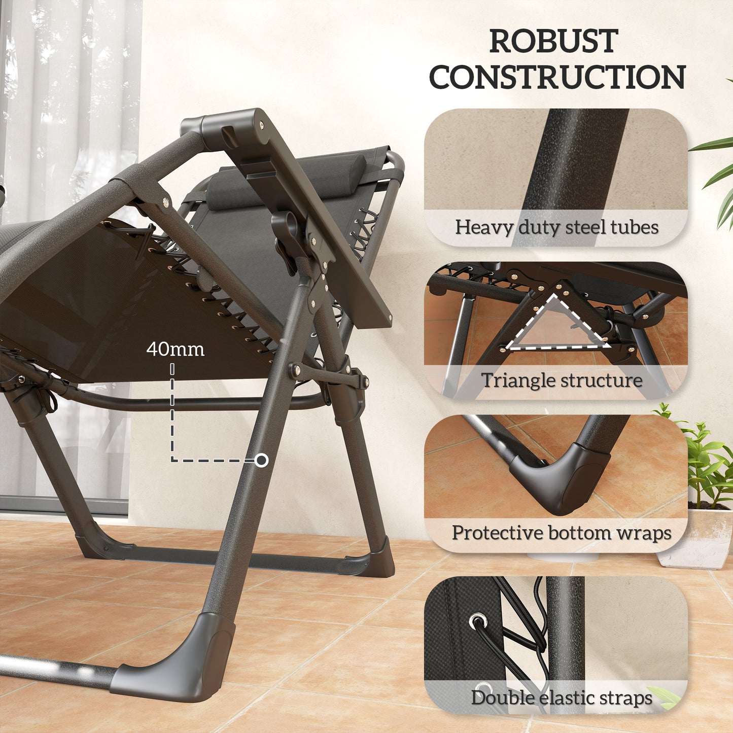 Set of Two Reclining Sun Loungers, with Cushion - Brown