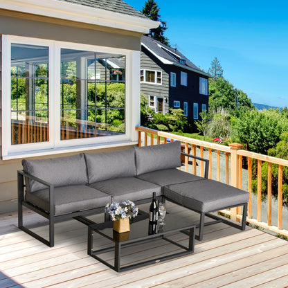 5 Pieces Outdoor Patio Furniture Set, Sofa Couch with Glass Coffee Table, Cushioned Chairs and Aluminum Tube