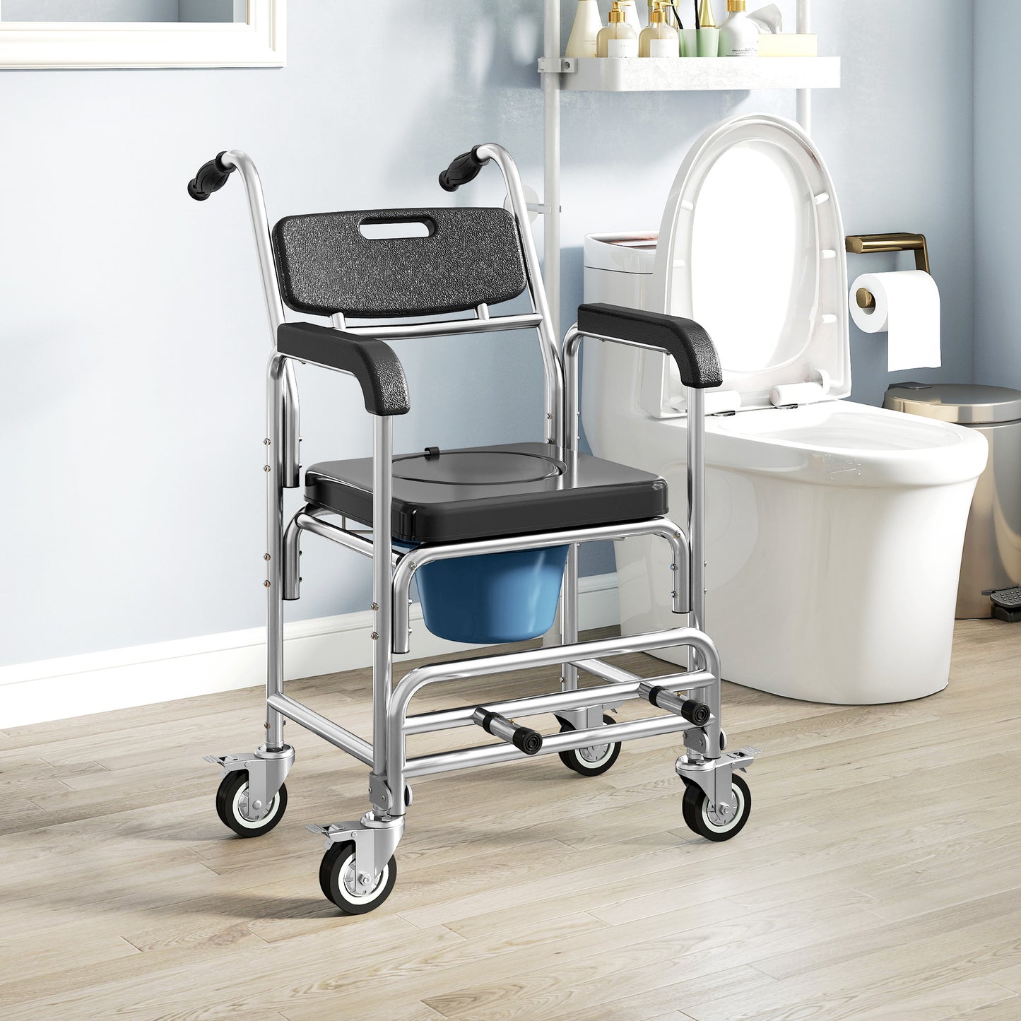 Transport Beside Shower Chair, 3-in-1 Commode Chair with Wheels and Padded Seat, Black