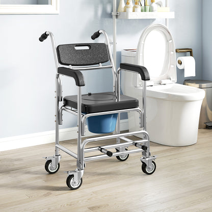 Transport Beside Shower Chair, 3-in-1 Commode Chair with Wheels and Padded Seat, Black