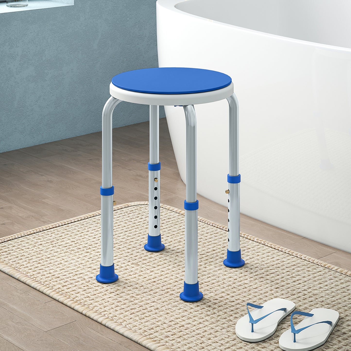 360° Swivel Shower Chair, Height Adjustable Aluminium Shower Stool with Non-Slip Feet for Disabled, Elderly, Blue