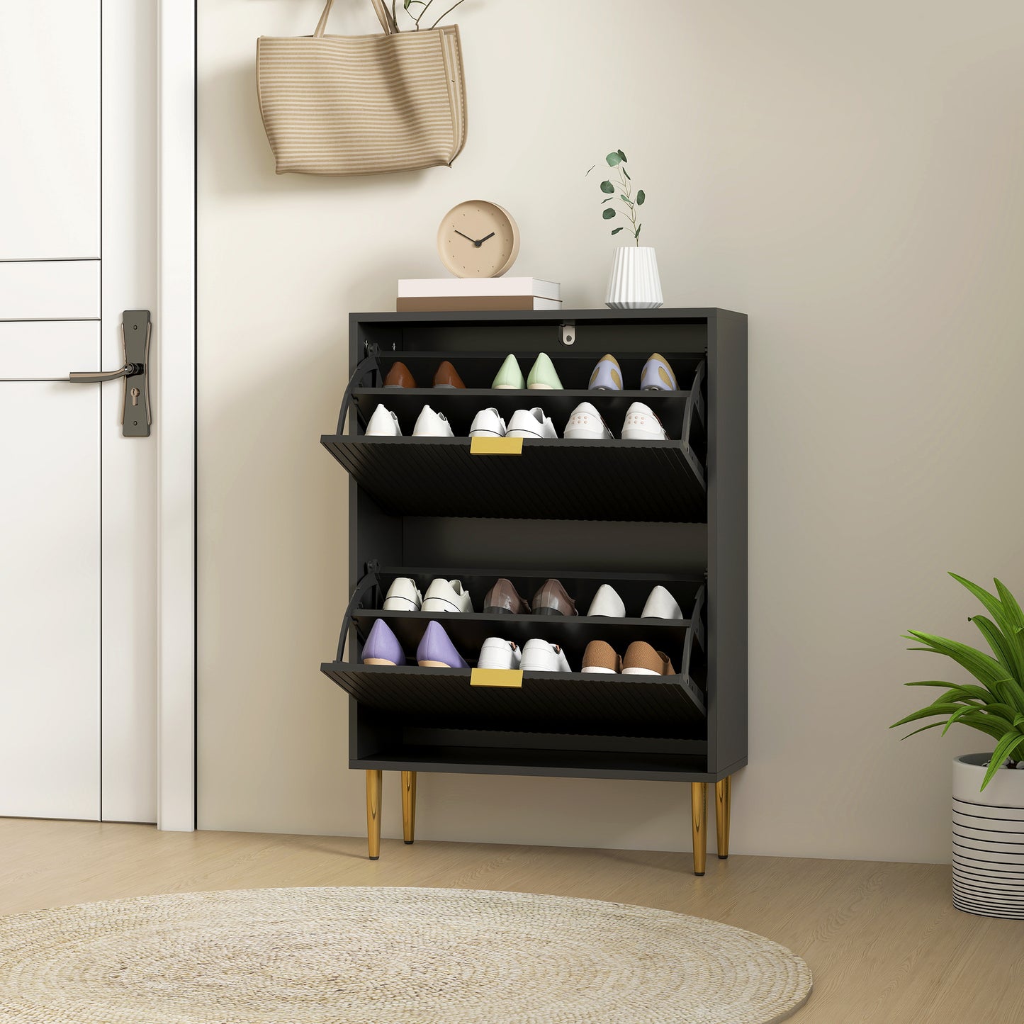 Elegant Two-Drawer Shoe Cabinet - Black