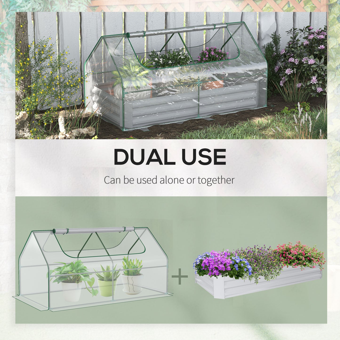 Raised Garden Bed with Greenhouse, Steel Planter Box with Plastic Cover, Roll Up Window, Dual Use for Flowers, Vegetables