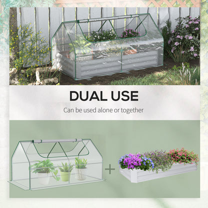 Raised Garden Bed with Greenhouse, Steel Planter Box with Plastic Cover, Roll Up Window, Dual Use for Flowers, Vegetables