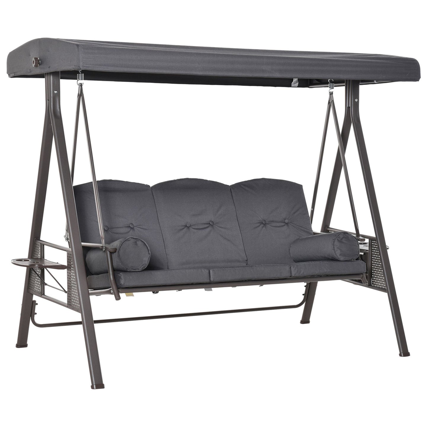 3 Seater Garden Swing Chair Outdoor Hammock Bench w/ Adjustable Canopy, Cushions and Cup Trays, Brown Steel Frame