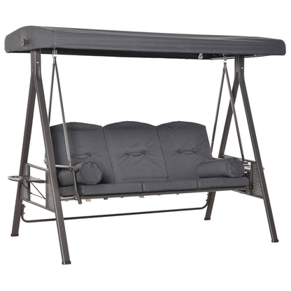 3 Seater Garden Swing Chair Outdoor Hammock Bench w/ Adjustable Canopy, Cushions and Cup Trays, Brown Steel Frame