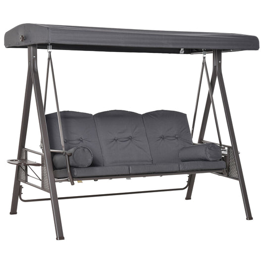 3 Seater Garden Swing Chair Outdoor Hammock Bench w/ Adjustable Canopy, Cushions and Cup Trays, Brown Steel Frame