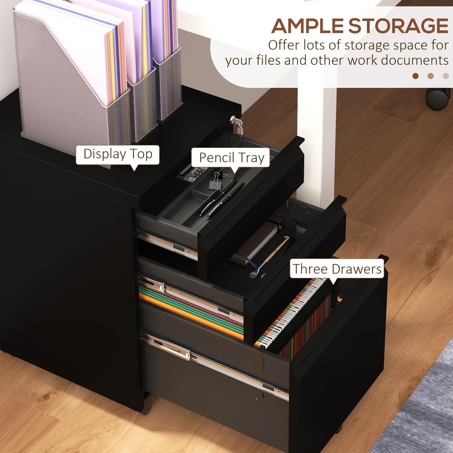 3-Drawer Filing Cabinet with Lock, Mobile Steel File Cabinet for A4, Legal and Letter Size, Under Desk Drawers
