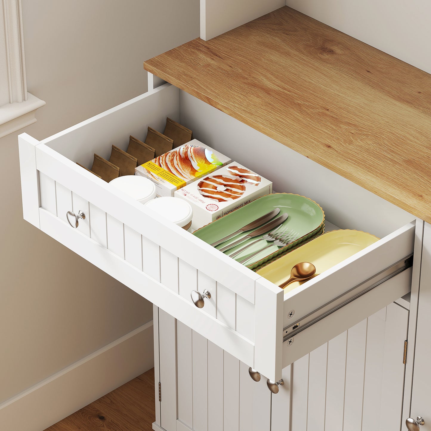 173 cm Tall Kitchen Cupboard with Charging Station, Pantry Storage Cabinet with Adjustable Shelves and 4 Door Racks