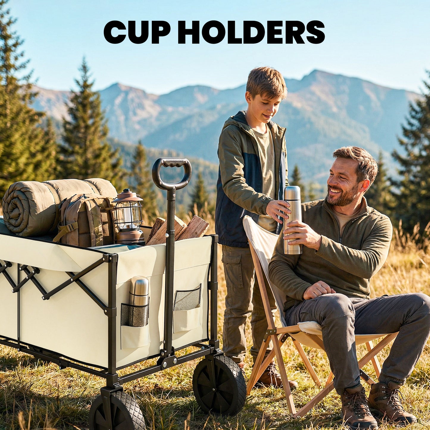 95L Foldable Festival Trolley on Wheels, Collapsible Wagon Cart with Adjustable Handle and 2 Cup Holders, Khaki