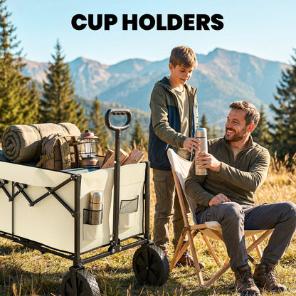 95L Foldable Festival Trolley on Wheels, Collapsible Wagon Cart with Adjustable Handle and 2 Cup Holders, Khaki