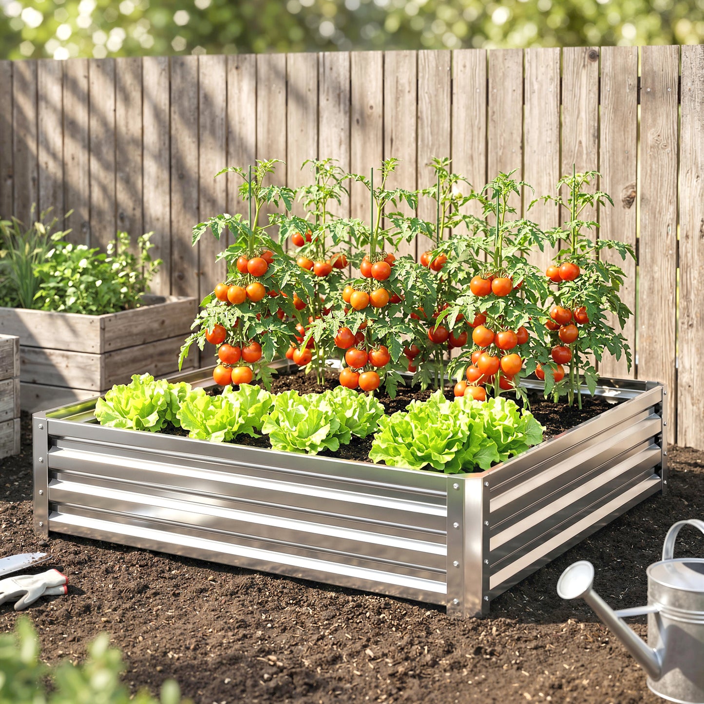 Square Raised Garden Bed Box with Weatherized Steel Frame for Vegetables, Flowers, & Herbs, 120 x 120 x 30cm, Silver Tone