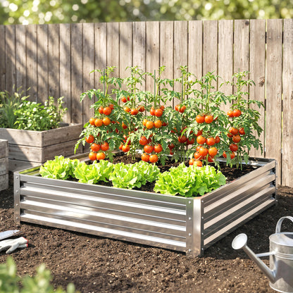 Square Raised Garden Bed Box with Weatherized Steel Frame for Vegetables, Flowers, & Herbs, 120 x 120 x 30cm, Silver Tone