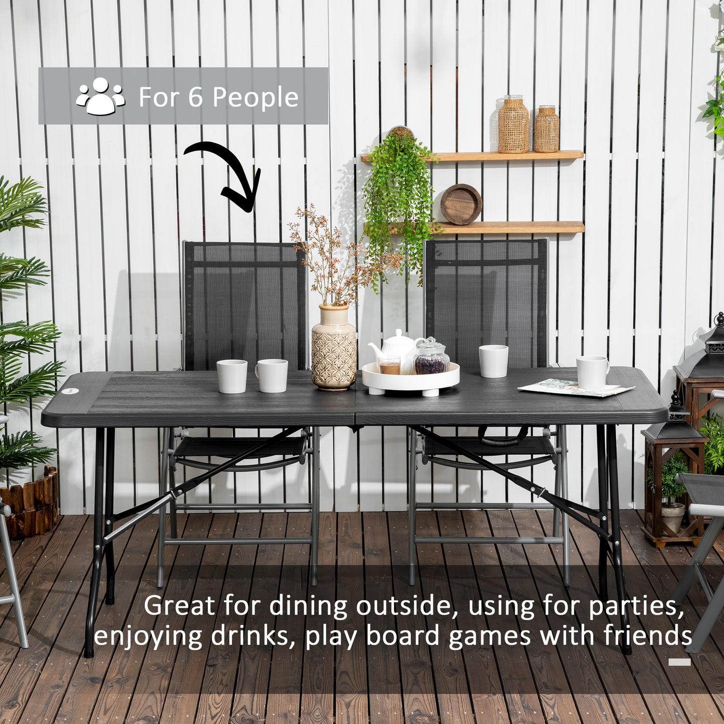 Folding Garden Dining Table for 6, Rectangular Outdoor Dining Table with HDPE Tabletop, Foldable Garden Table