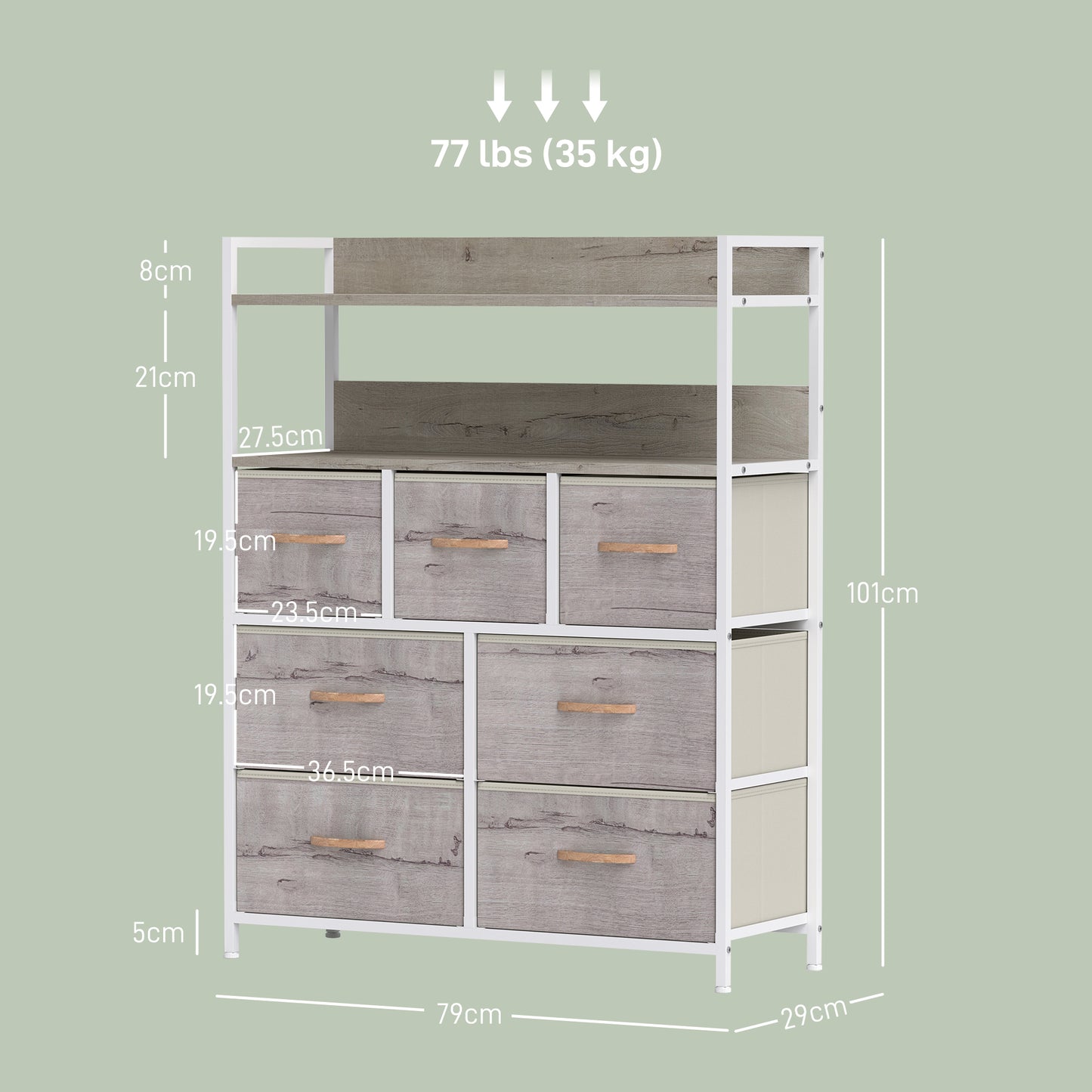 Rustic Chest of Seven Fabric Drawers - Natural Wood Finish