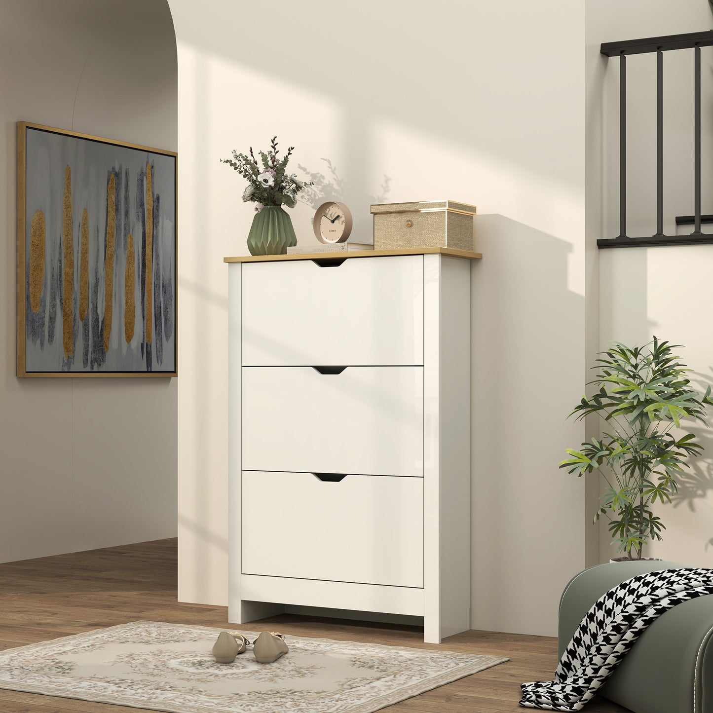 Slim Shoe Cabinet, Narrow Shoe Cupboard with 3 Flip Drawers, Adjustable Shelves for 18 Pairs of Shoes, High Gloss White