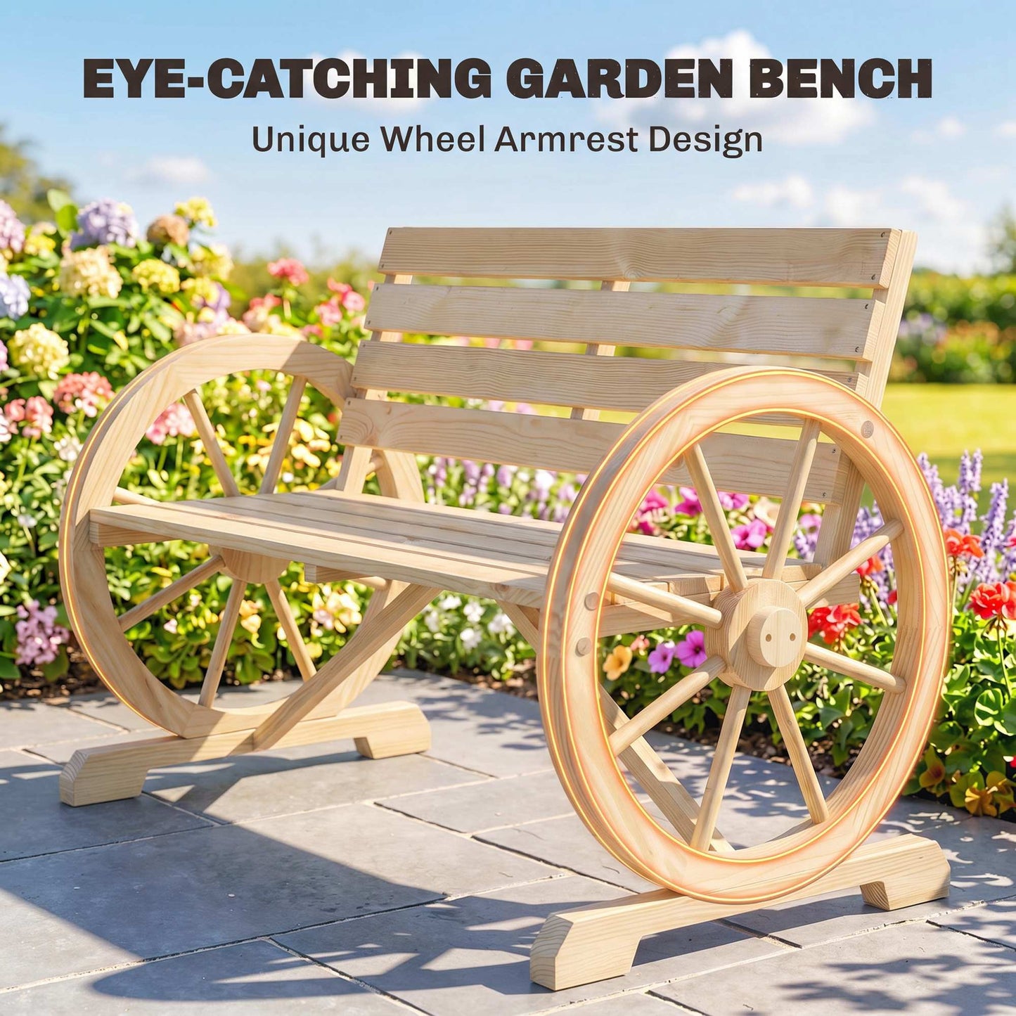 Wagon Wheel Chair Bench Armrest Rustic Loveseat Wood Outdoor Garden, Natural