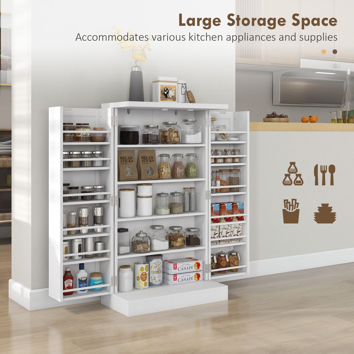 Kitchen Cupboard 6-tier Door Racks Freestanding Multi-Storage with Adjustable Shelves, White
