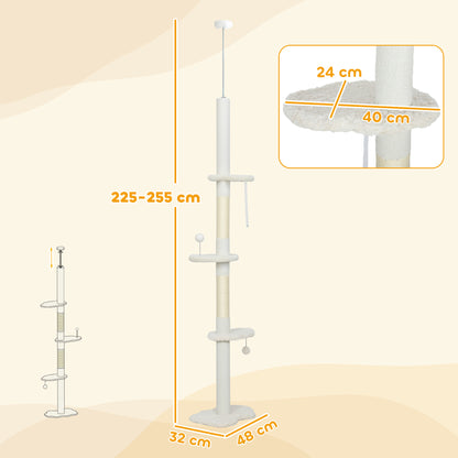 225-255 cm Adjustable Cat Climbing Tower with Sisal Scratching Posts, 2 Hanging Play Balls and Anti-Tip Strap, Beige
