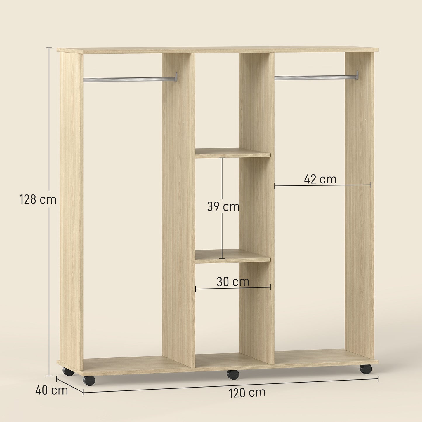 Open Wardrobe Double Mobile Storage Shelves Organizer W/6 Wheels-Natural