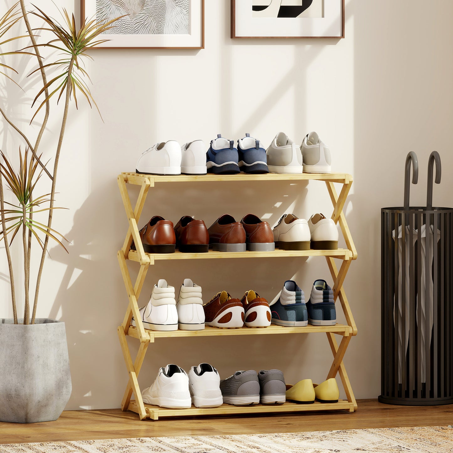 Four-Tier Folding Bamboo Shoe Rack - Natural Finish