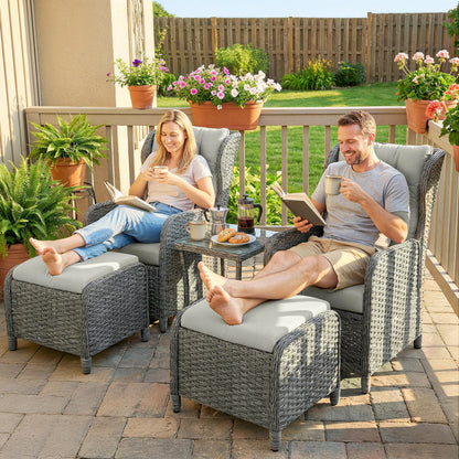Rattan Reclining Garden Chair Set of 2 with Footstool and Cushion for Balcony, Cream