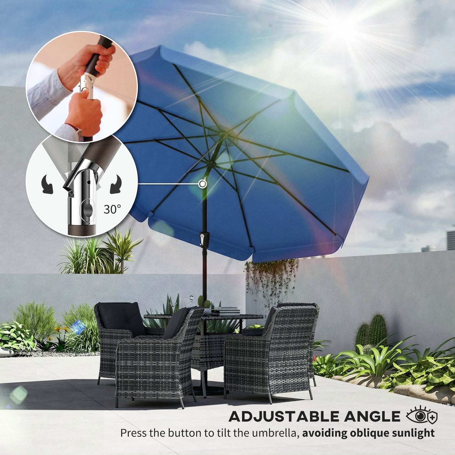 3 m Garden Parasol with Tilt Mechanism & Crank Handle, UPF 30+ Patio Umbrella Outdoor Table Umbrella, Dark Blue