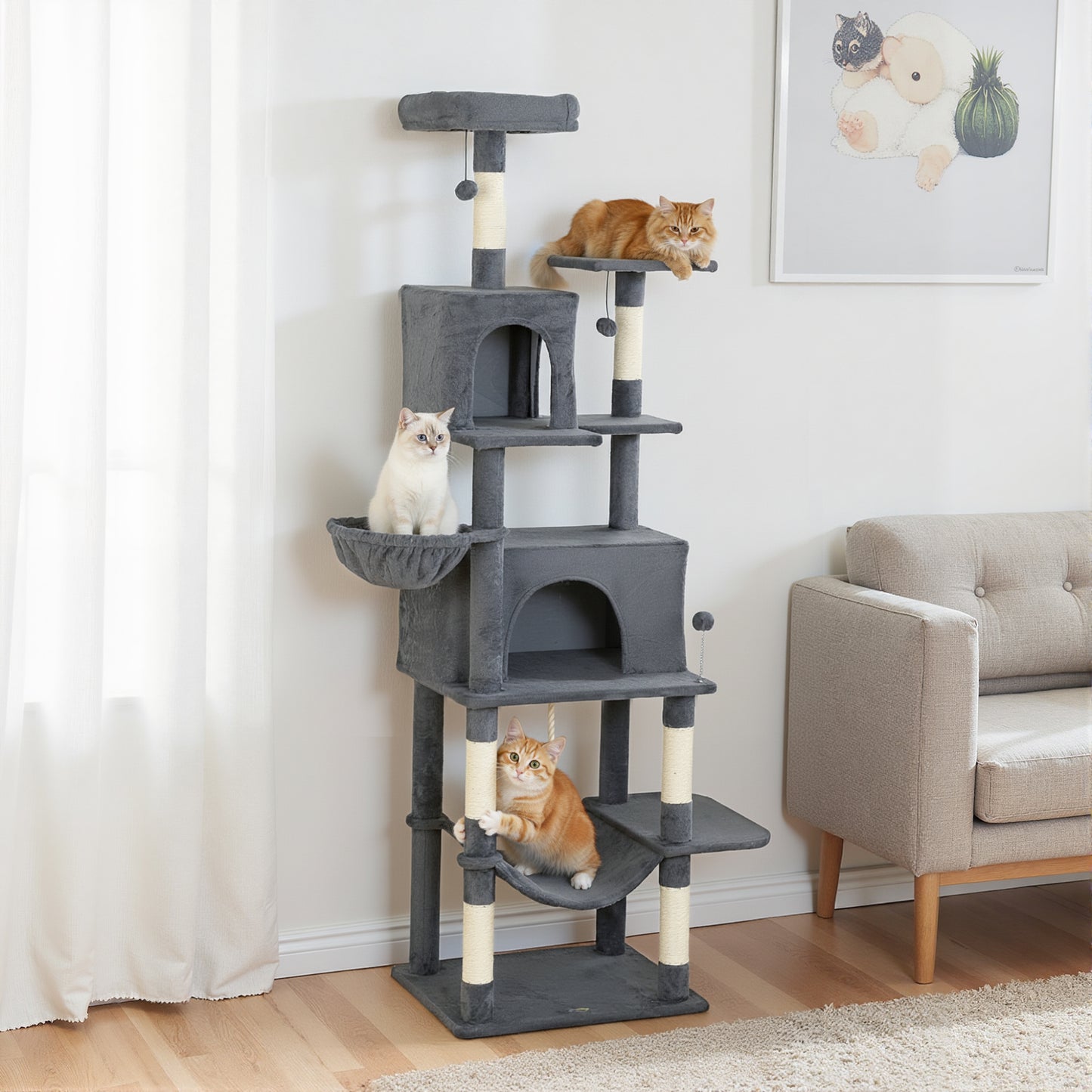 202cm Large Cat Tree with 6 Scratching Posts, 2 Hammocks, 2 Condos, 2 Perches, Pompoms, for Indoor Cats to Rest and Play