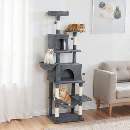 202cm Large Cat Tree with 6 Scratching Posts, 2 Hammocks, 2 Condos, 2 Perches, Pompoms, for Indoor Cats to Rest and Play