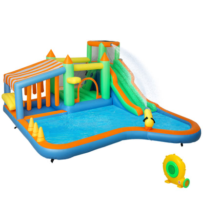 8 in 1 Inflatable Bounce House with 550W Blower, Slide, 2 Pools, Basketball Hoop, Climbing Wall, Water Gun, Ring Toss