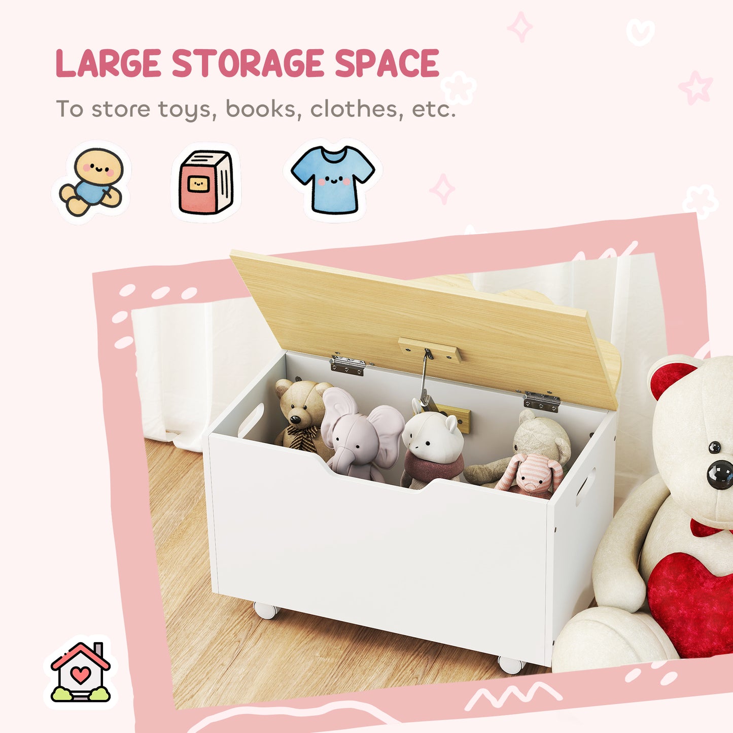Toy Box with Lid, Toy Chest with Wheels and Safety Hinges, Toddler Storage Organiser for Playroom, Bedroom, White