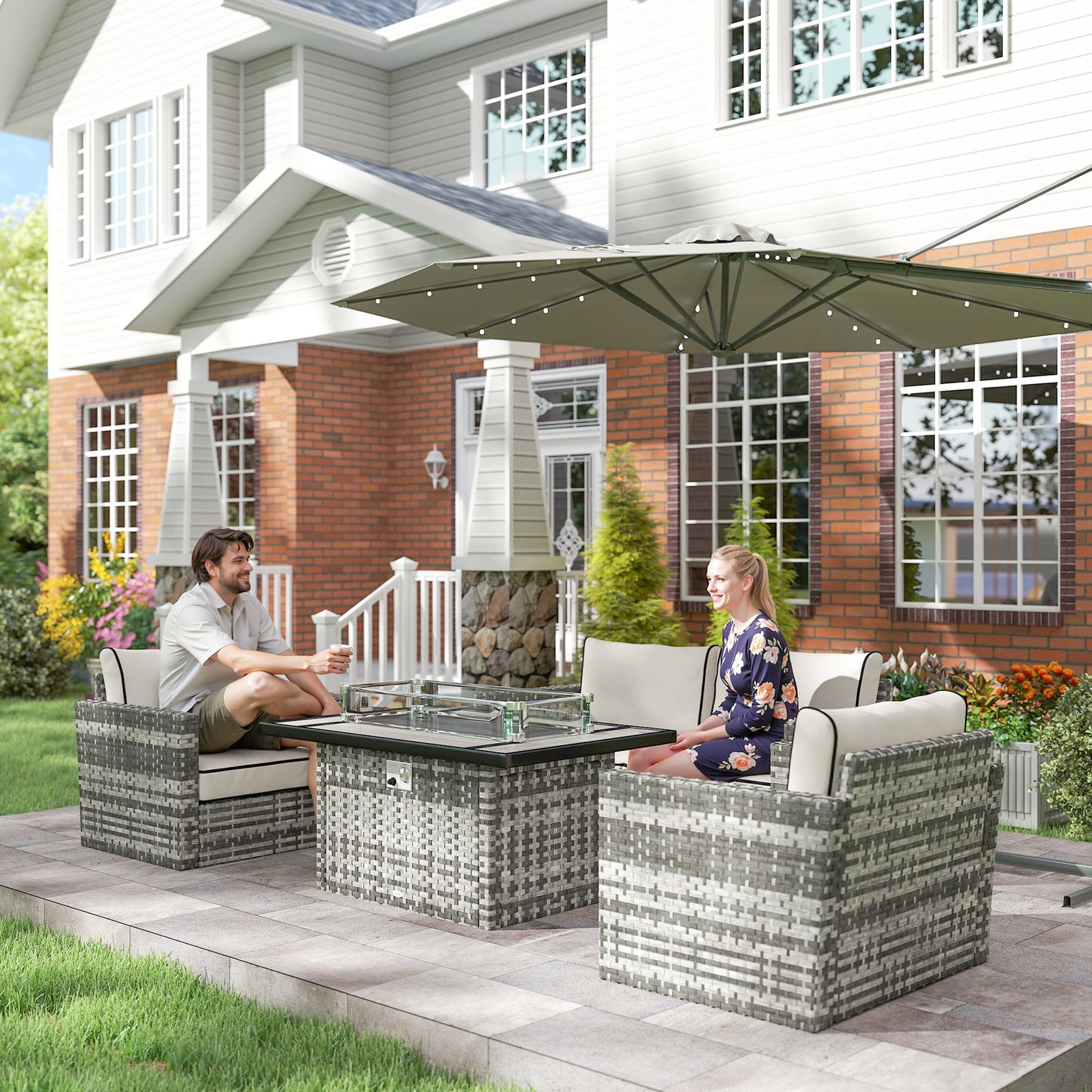5-Piece Rattan Patio Furniture Set with Gas Fire Pit Table, Loveseat Sofa, Armchairs, Cushions, Pillows, Grey