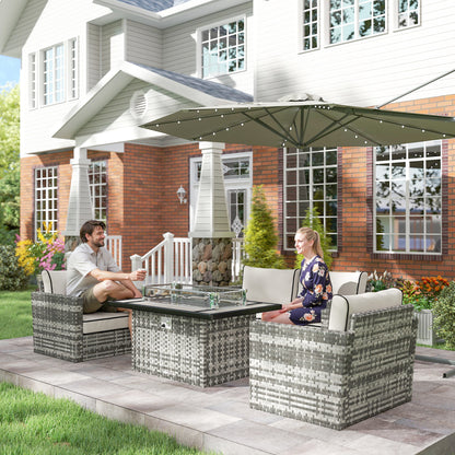 5-Piece Rattan Patio Furniture Set with Gas Fire Pit Table, Loveseat Sofa, Armchairs, Cushions, Pillows, Grey