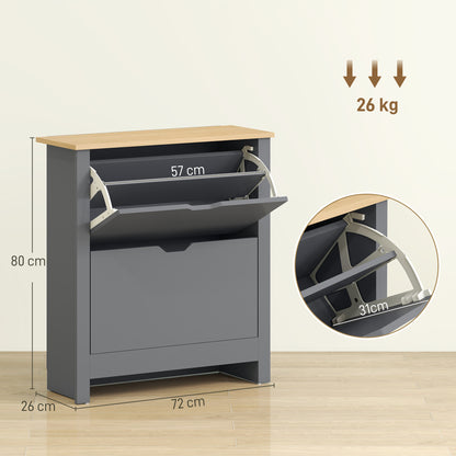 Slim Shoe Cabinet, Narrow Shoe Cupboard with 2 Flip Drawers, Adjustable Shelves for 12 Pairs of Shoes, Charcoal Grey