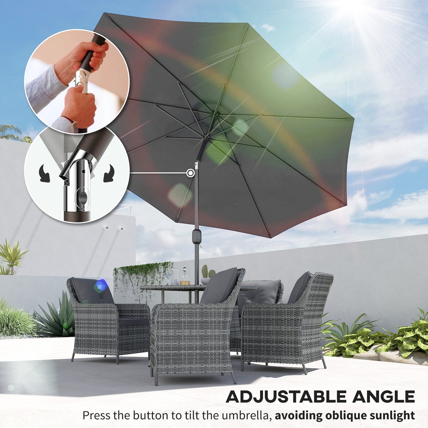 3(m) Tilting Parasol Garden Umbrellas, Outdoor Sun Shade with 8 Ribs, Tilt and Crank Handle for Balcony, Bench, Garden